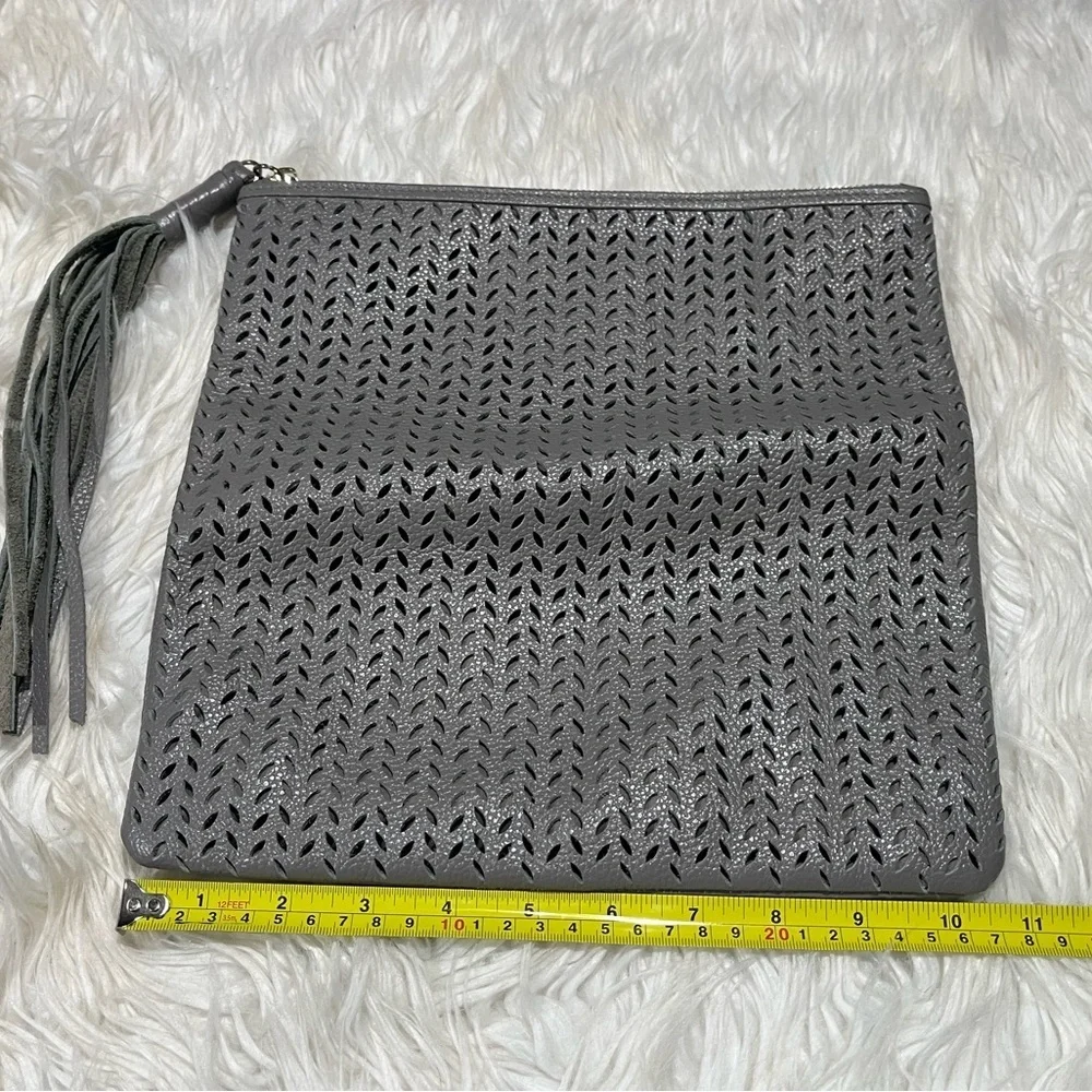 B-Low the Belt Genuine Leather Gray Perforated Fold Over Leather Clutch Tassel